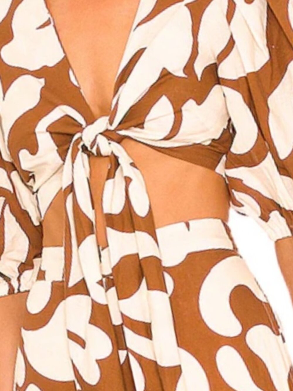 RHODET Two-Piece Brown/Cream Floral Print Set - Cropped Tie Top & Wide Leg Pant - Picture 12 of 13